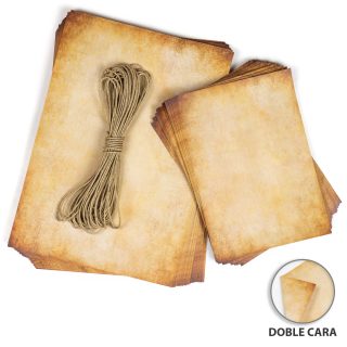 Papel vintage pergamino envejecido 110g/m², 50 hojas DIN A4 + A5 + hilo de yute